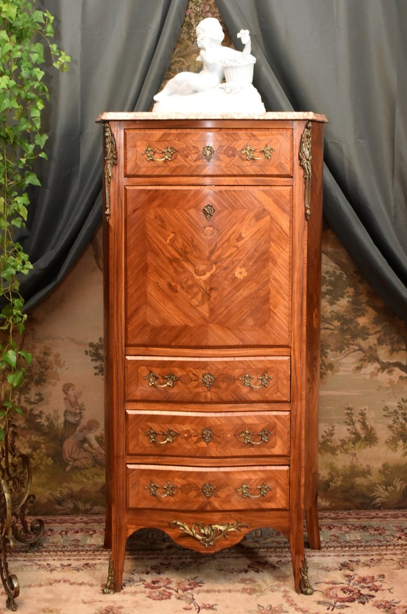 Louis XV - Louis XVI Transition Style Secretary In Precious Wood Marquetry-photo-3