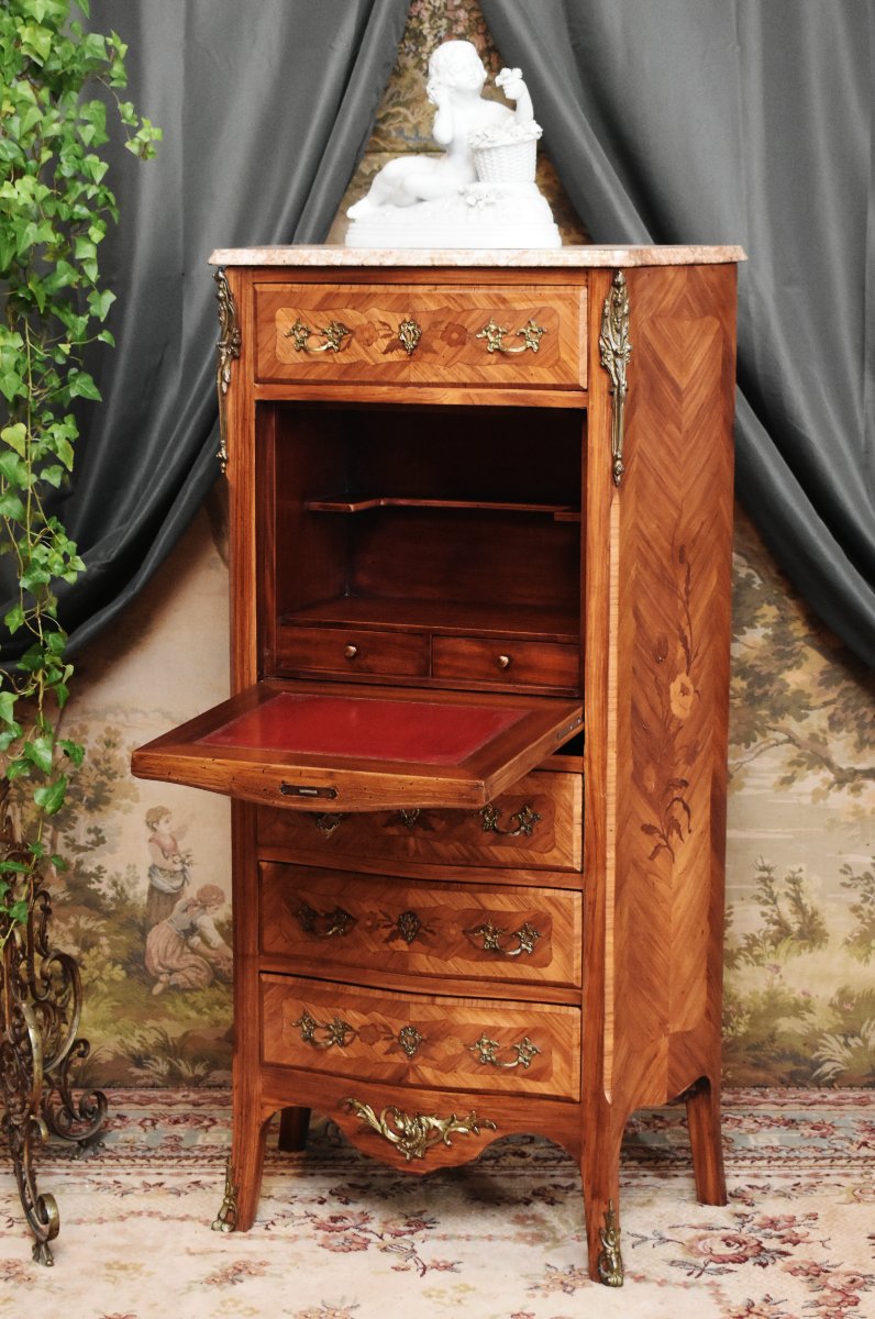 Louis XV - Louis XVI Transition Style Secretary In Precious Wood Marquetry-photo-4