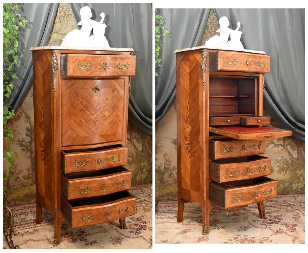 Louis XV - Louis XVI Transition Style Secretary In Precious Wood Marquetry-photo-3