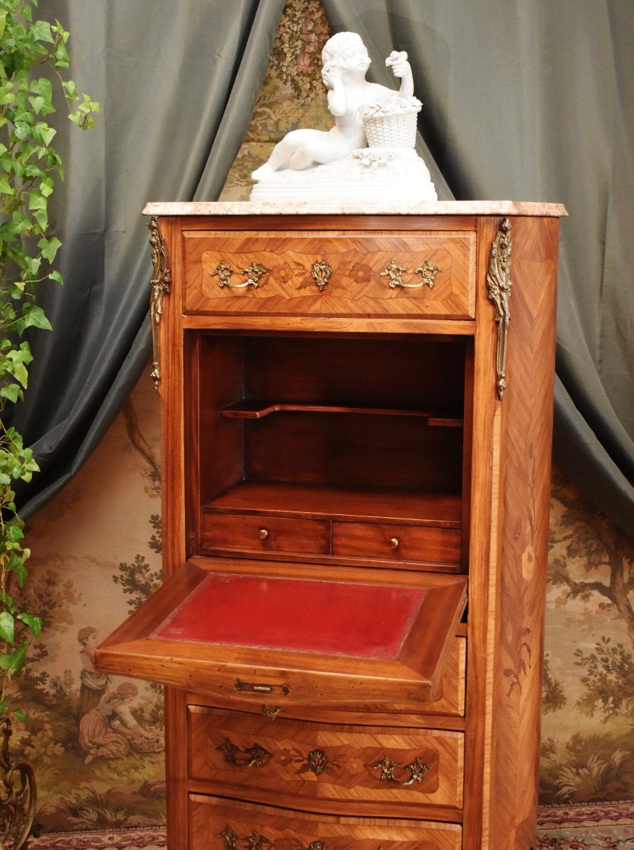 Louis XV - Louis XVI Transition Style Secretary In Precious Wood Marquetry-photo-5