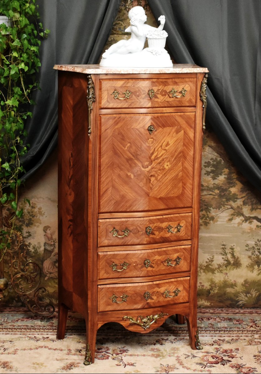 Louis XV - Louis XVI Transition Style Secretary In Precious Wood Marquetry