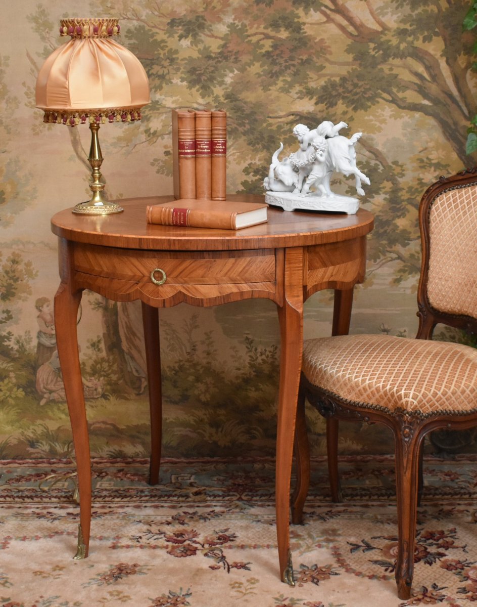 Guéridon Marqueté Style Louis XV , Table De Salon, Milieu, Appoint, Marqueterie , Frisage-photo-3