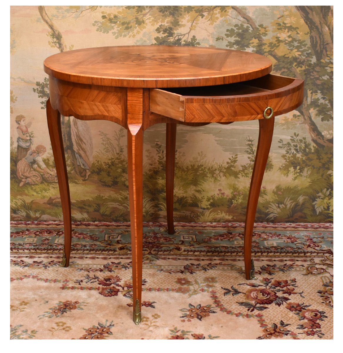 Guéridon Marqueté Style Louis XV , Table De Salon, Milieu, Appoint, Marqueterie , Frisage-photo-3