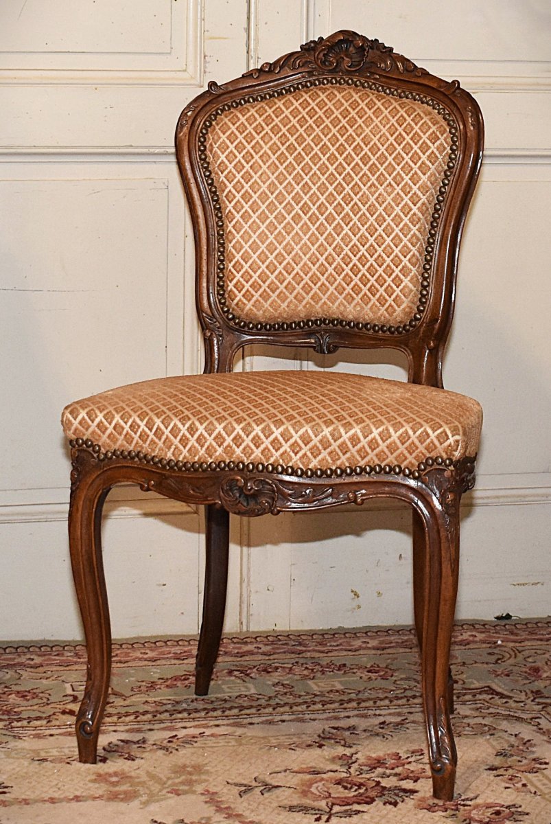 Chaise de  Style Louis XV  rocaille en Noyer , Tissu Velours . siège de salon ou chambre XIXe-photo-3