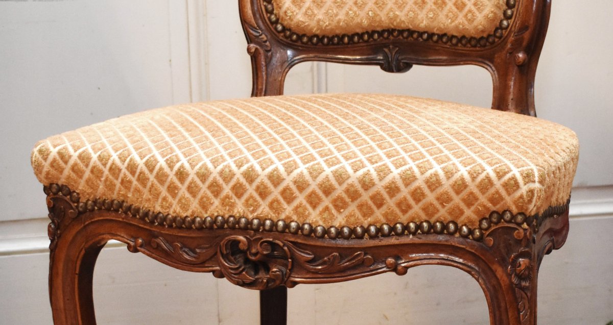 Chaise de  Style Louis XV  rocaille en Noyer , Tissu Velours . siège de salon ou chambre XIXe-photo-4