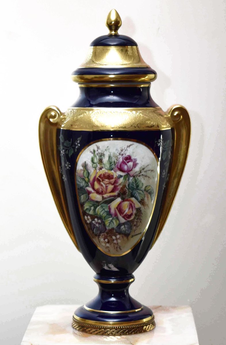 Large Vase In Limoges Porcelain, Pot Covered In Oven Blue And Double Gold Inlay-photo-2