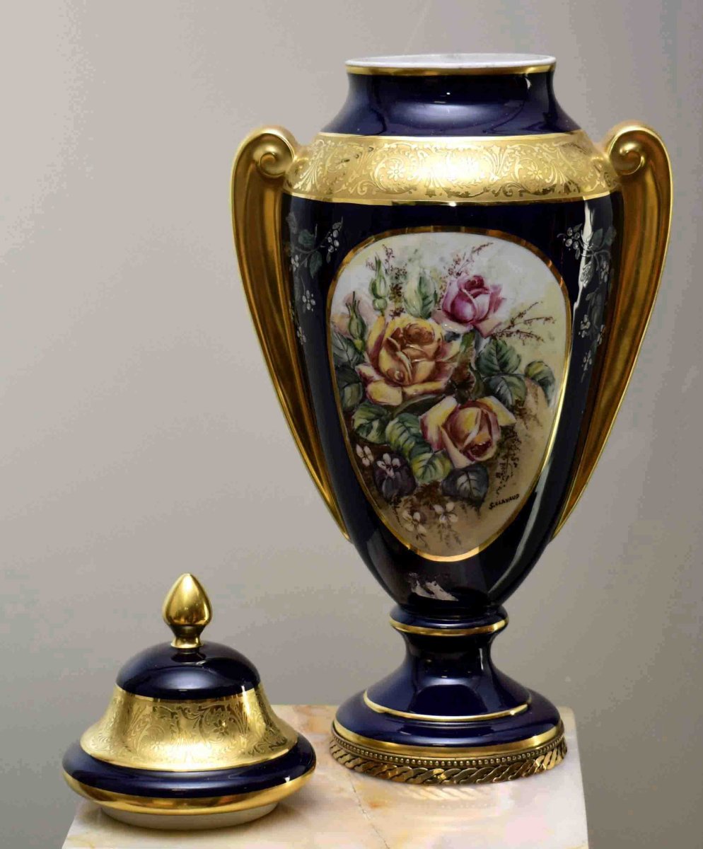 Large Vase In Limoges Porcelain, Pot Covered In Oven Blue And Double Gold Inlay-photo-4