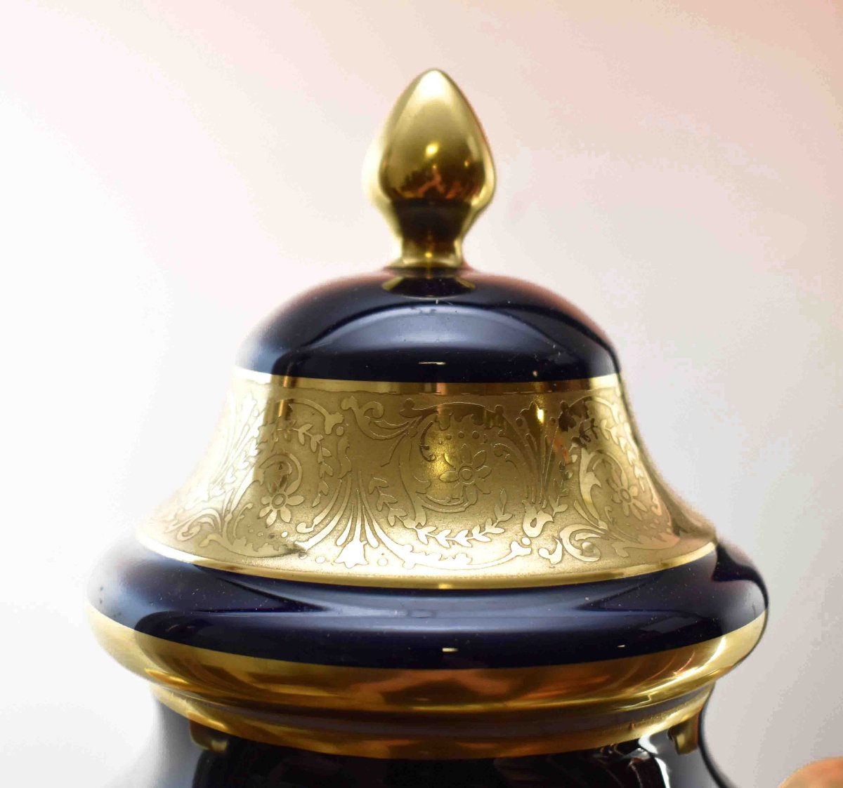 Large Vase In Limoges Porcelain, Pot Covered In Oven Blue And Double Gold Inlay-photo-4