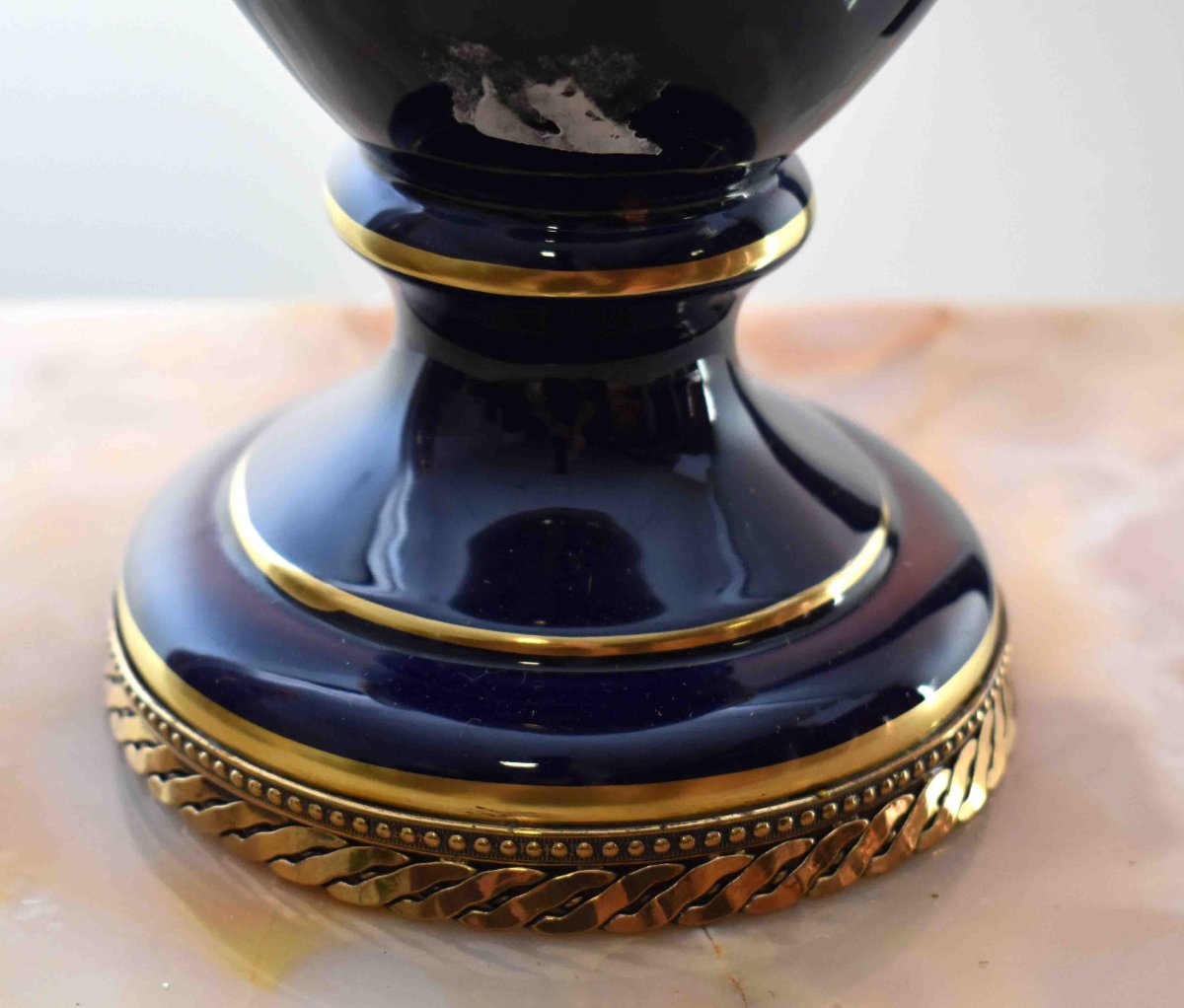 Large Vase In Limoges Porcelain, Pot Covered In Oven Blue And Double Gold Inlay-photo-6