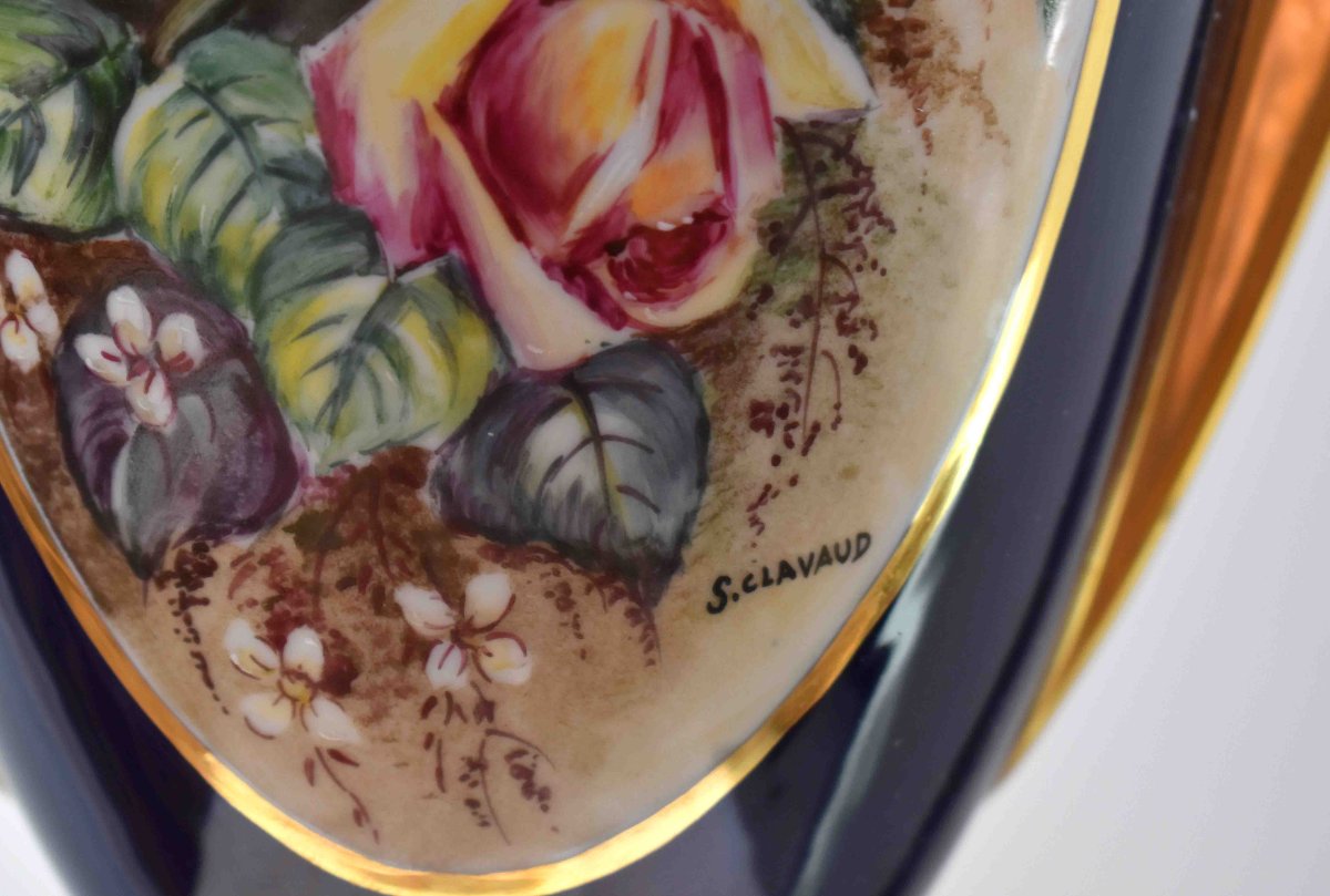 Large Vase In Limoges Porcelain, Pot Covered In Oven Blue And Double Gold Inlay-photo-7