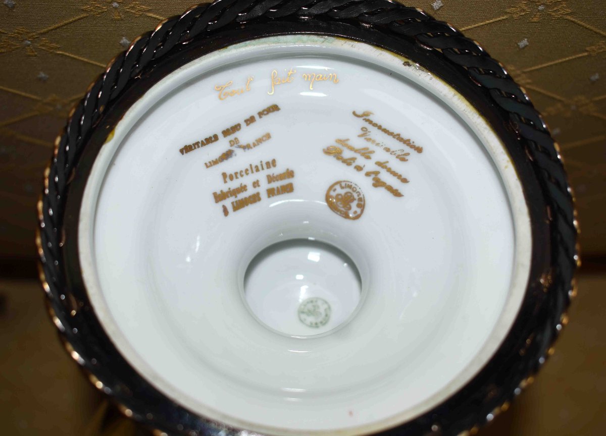 Large Vase In Limoges Porcelain, Pot Covered In Oven Blue And Double Gold Inlay-photo-8