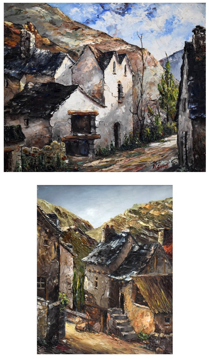 Regis, Pair Of Paintings, Village Views, Montméjean ( Aveyron ) , Saint Geniès (dordogne)