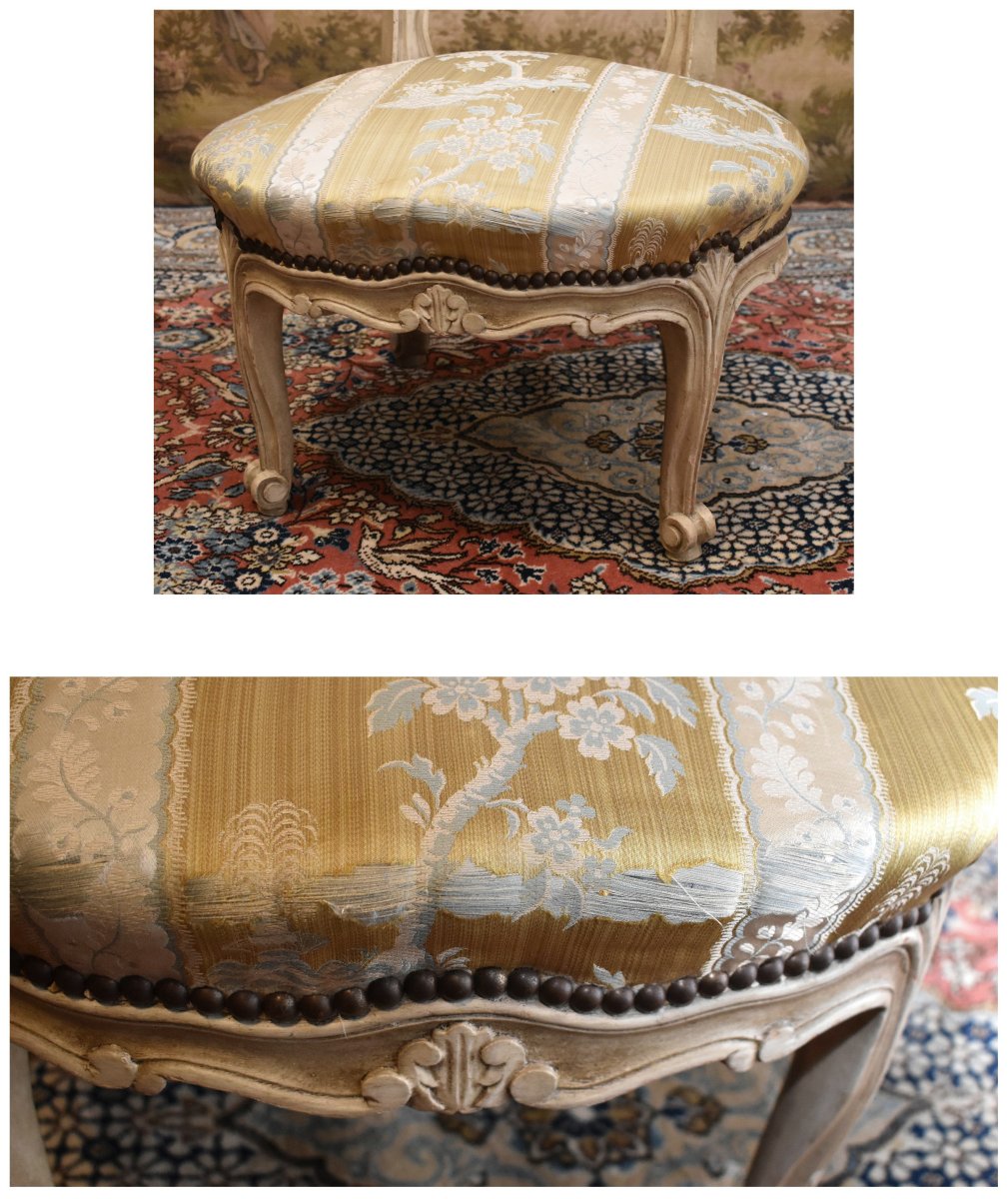 Chauffeuse de style Louis XV  en bois peint  ,  petite  Chaise basse  laquée crème. -photo-8