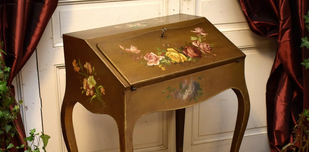 Bureau De Pente Peint à Décor De Fleurs sur fond doré, Secrétaire de Dame Laqué  Style Louis XV-photo-2