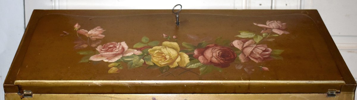Bureau De Pente Peint à Décor De Fleurs sur fond doré, Secrétaire de Dame Laqué  Style Louis XV-photo-4