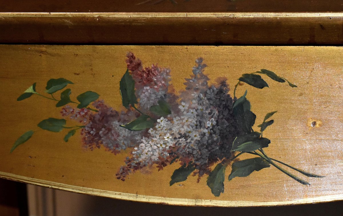 Bureau De Pente Peint à Décor De Fleurs sur fond doré, Secrétaire de Dame Laqué  Style Louis XV-photo-6