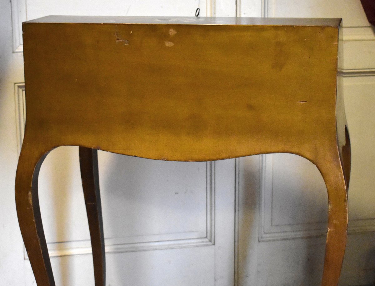Bureau De Pente Peint à Décor De Fleurs sur fond doré, Secrétaire de Dame Laqué  Style Louis XV-photo-8