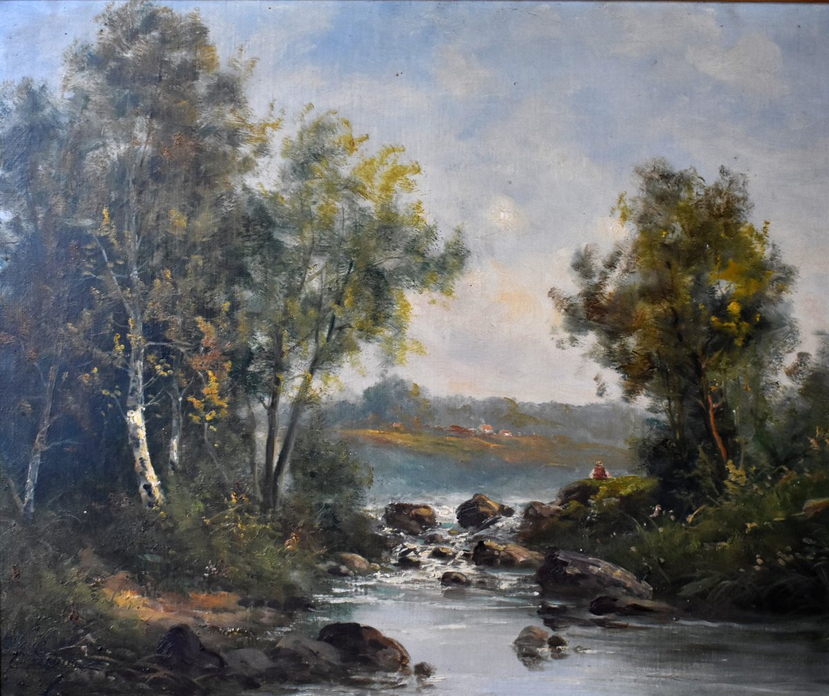 C. Lion (19th Century). Painting: Lakeside Landscape, Riverbank. Framed Oil On Canvas, Fisherman-photo-3
