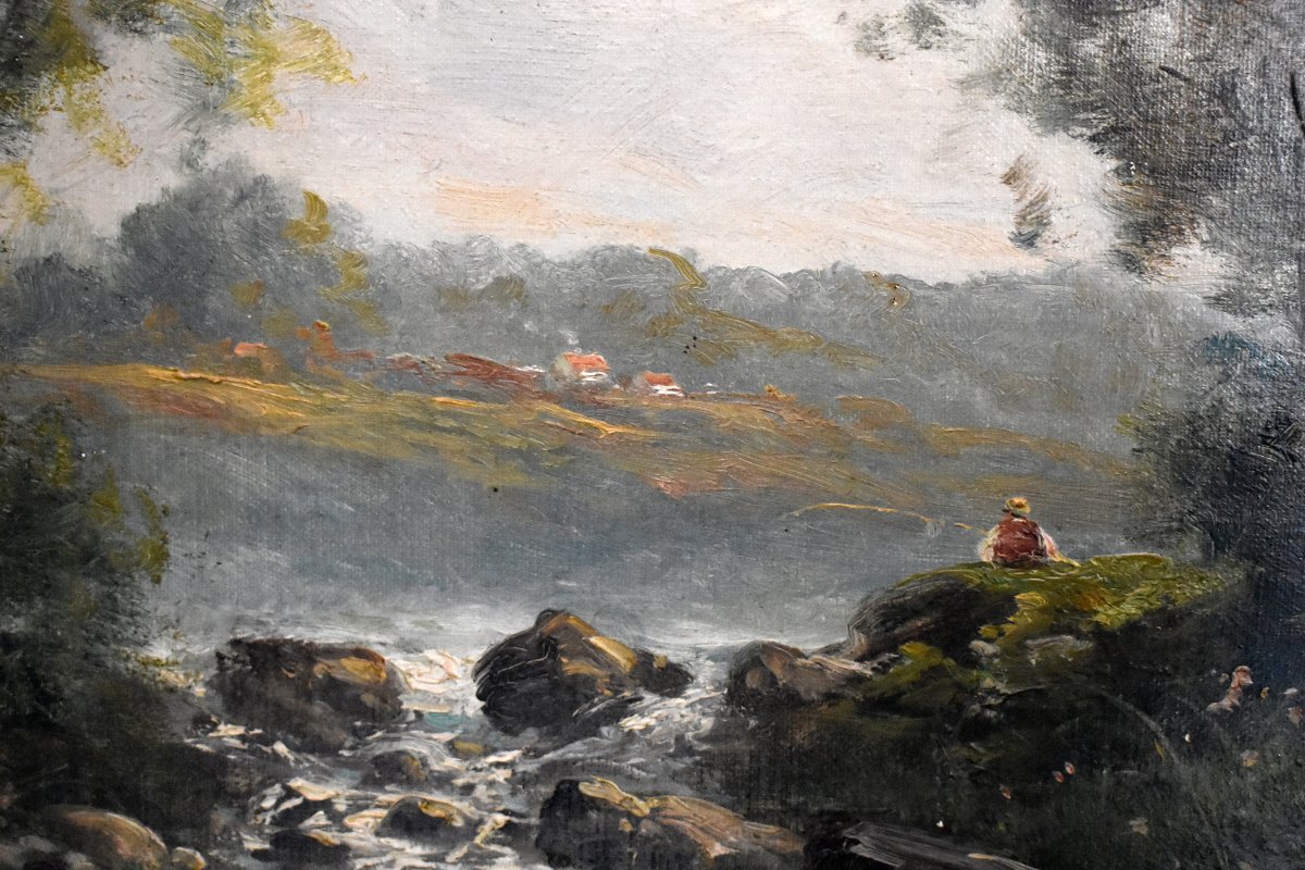 C. Lion (19th Century). Painting: Lakeside Landscape, Riverbank. Framed Oil On Canvas, Fisherman-photo-4
