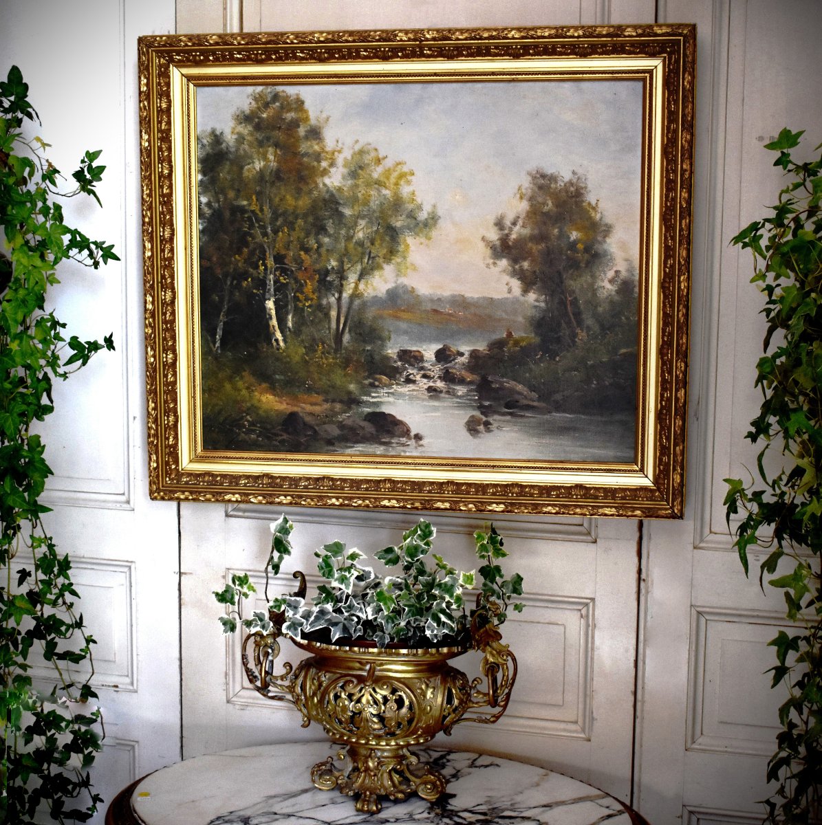 C. Lion (19th Century). Painting: Lakeside Landscape, Riverbank. Framed Oil On Canvas, Fisherman-photo-2
