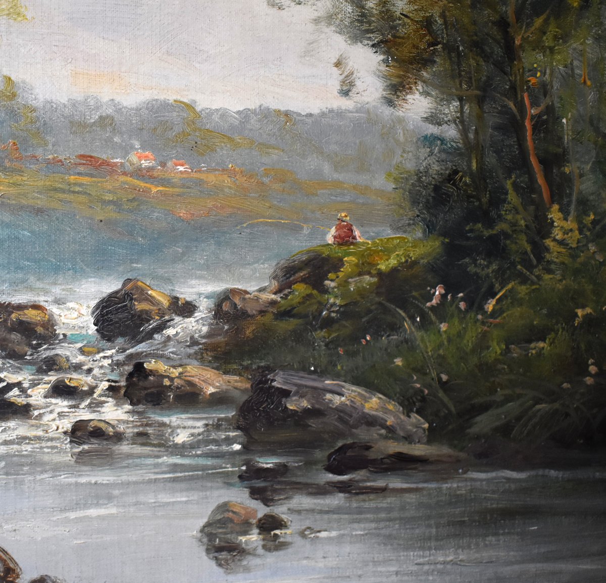 C. Lion (19th Century). Painting: Lakeside Landscape, Riverbank. Framed Oil On Canvas, Fisherman-photo-1