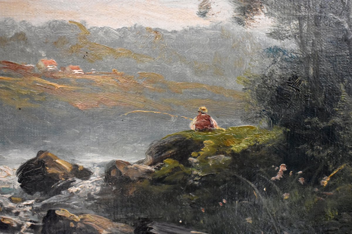 C. Lion (19th Century). Painting: Lakeside Landscape, Riverbank. Framed Oil On Canvas, Fisherman-photo-2