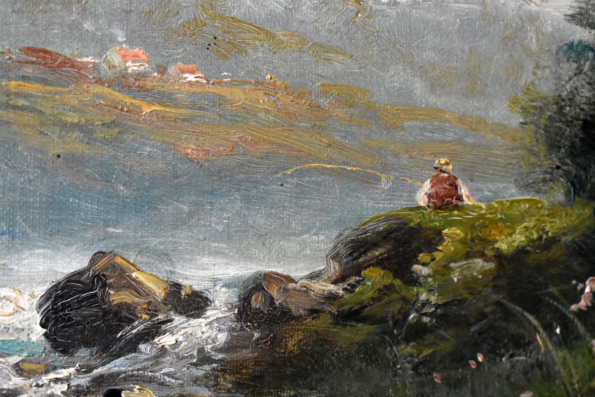 C. Lion (19th Century). Painting: Lakeside Landscape, Riverbank. Framed Oil On Canvas, Fisherman-photo-3