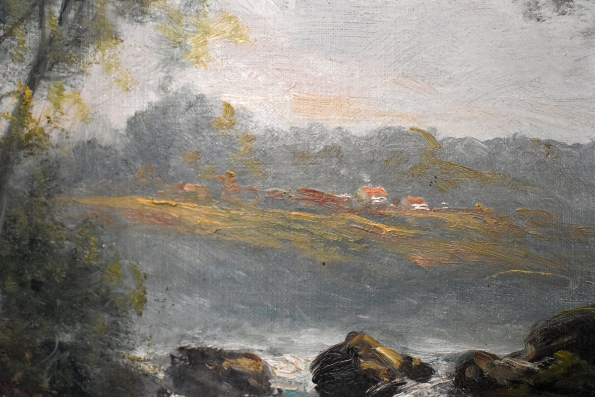C. Lion (19th Century). Painting: Lakeside Landscape, Riverbank. Framed Oil On Canvas, Fisherman-photo-4