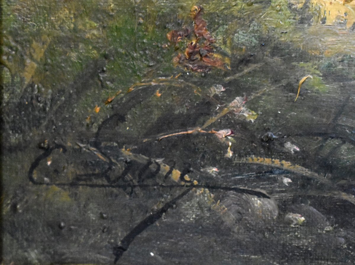 C. Lion (19th Century). Painting: Lakeside Landscape, Riverbank. Framed Oil On Canvas, Fisherman-photo-6