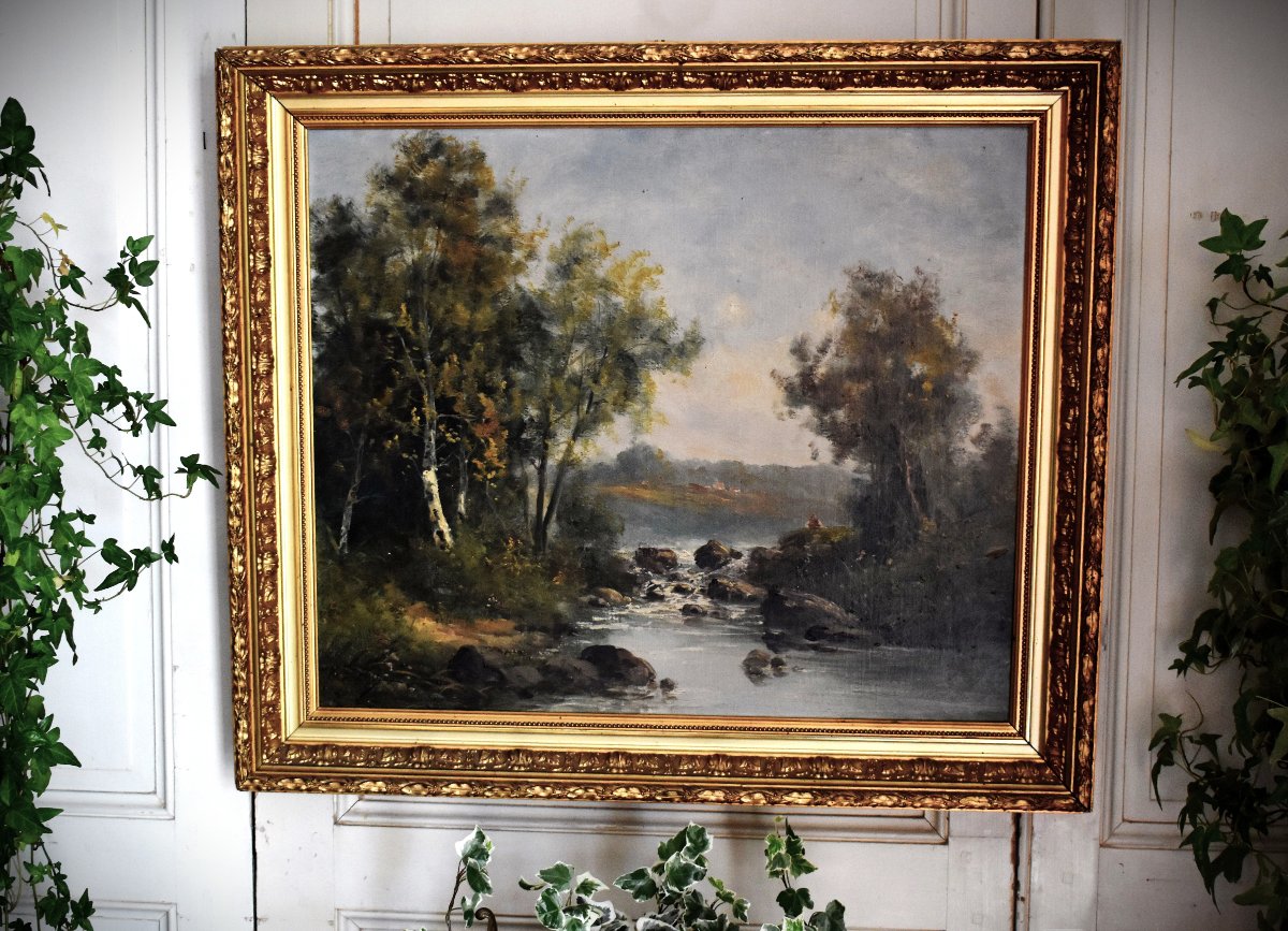 C. Lion (19th Century). Painting: Lakeside Landscape, Riverbank. Framed Oil On Canvas, Fisherman