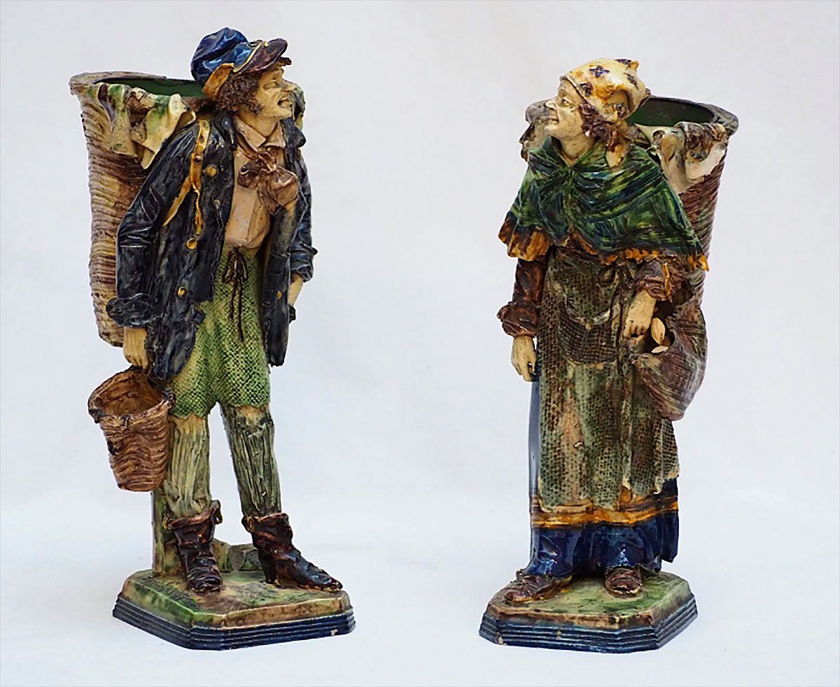Eugene Ladreyt, Pair Of Statuettes, Terracotta Figures, Peasant Man And Peasant Woman, 19th Century 