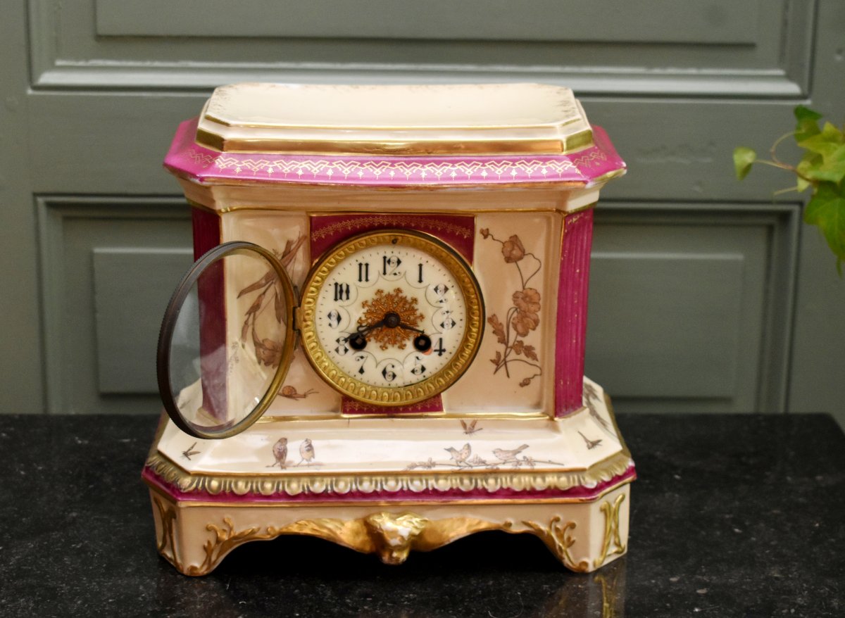 Ceramic Wall Clock, Earthenware With Floral, Insect, And Bird Motifs, -photo-2