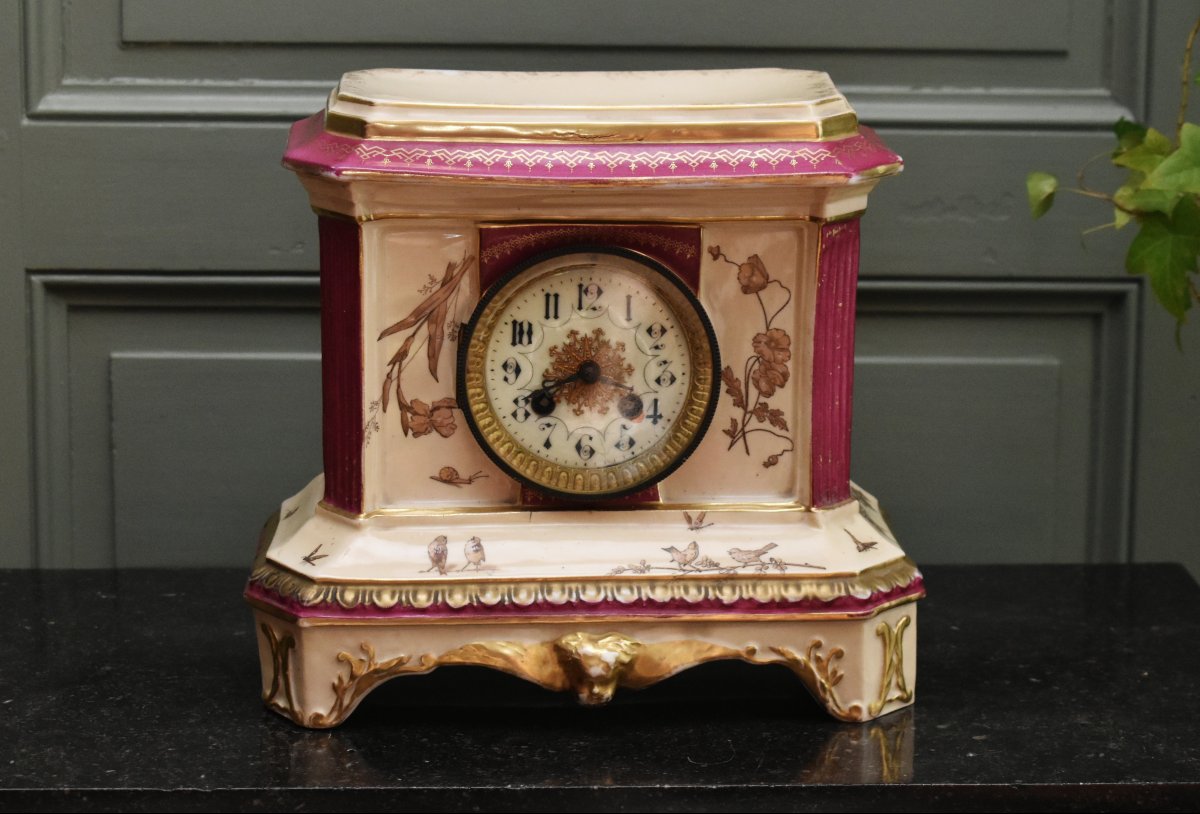 Ceramic Wall Clock, Earthenware With Floral, Insect, And Bird Motifs, -photo-3