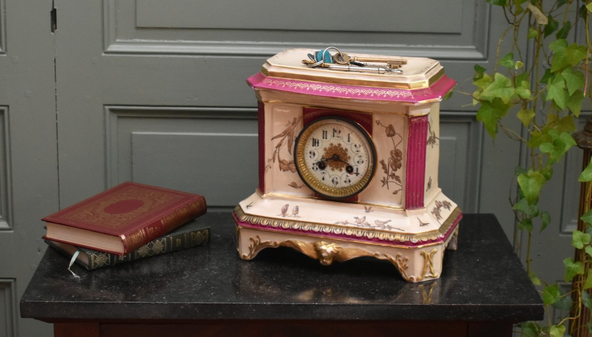 Ceramic Wall Clock, Earthenware With Floral, Insect, And Bird Motifs, -photo-4