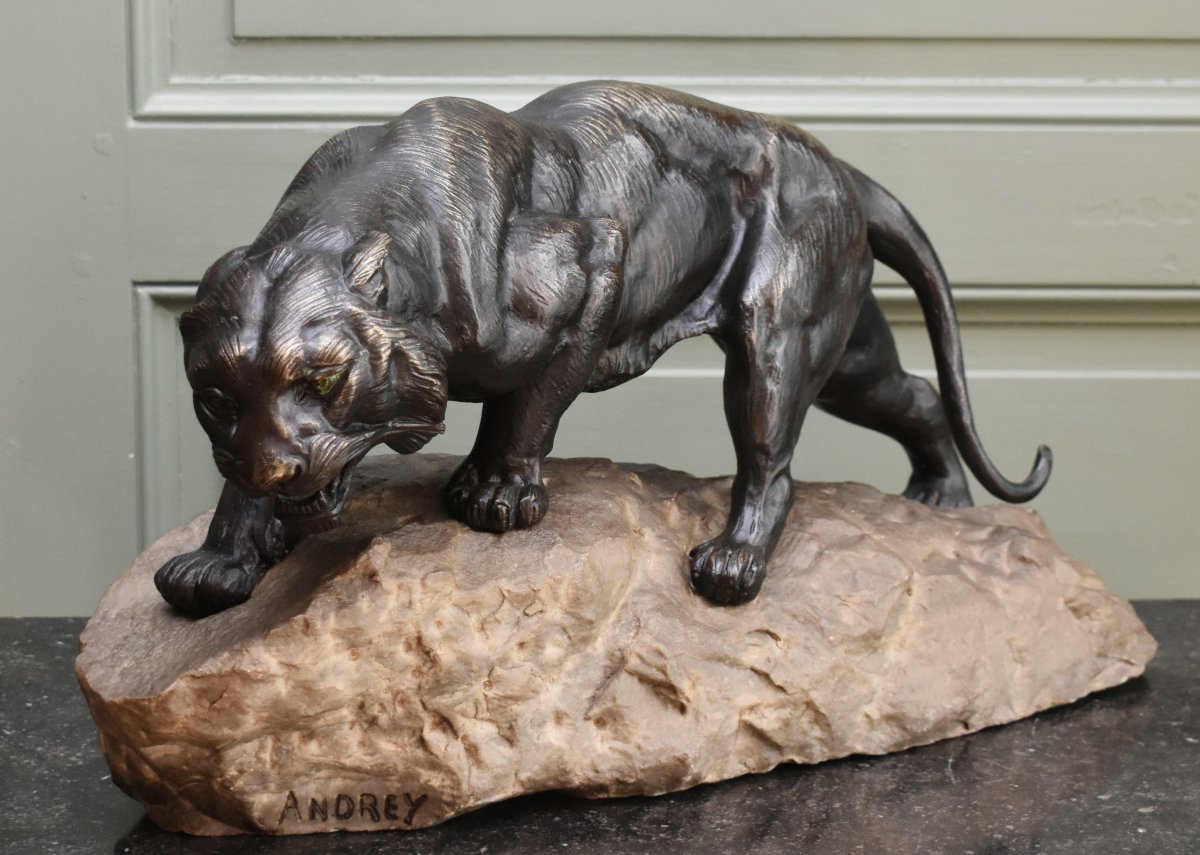 James Andrey (19th–20th Centuries) *roaring Lioness On A Rock*, Bronze Animal Sculpture -photo-4