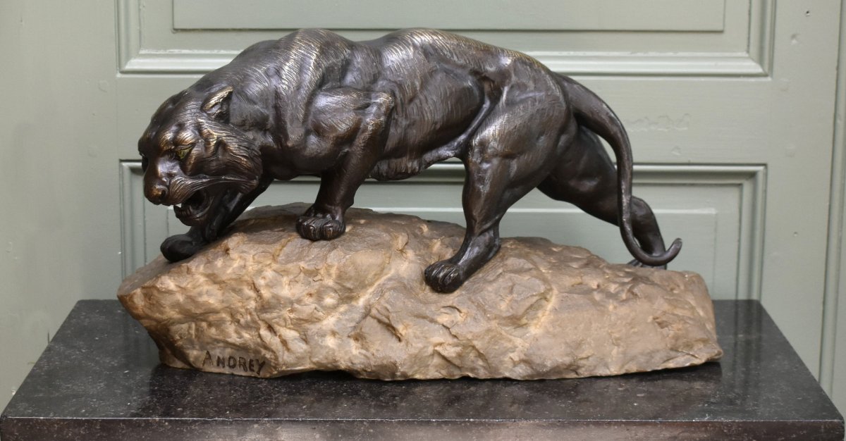 James Andrey (19th–20th Centuries) *roaring Lioness On A Rock*, Bronze Animal Sculpture -photo-2