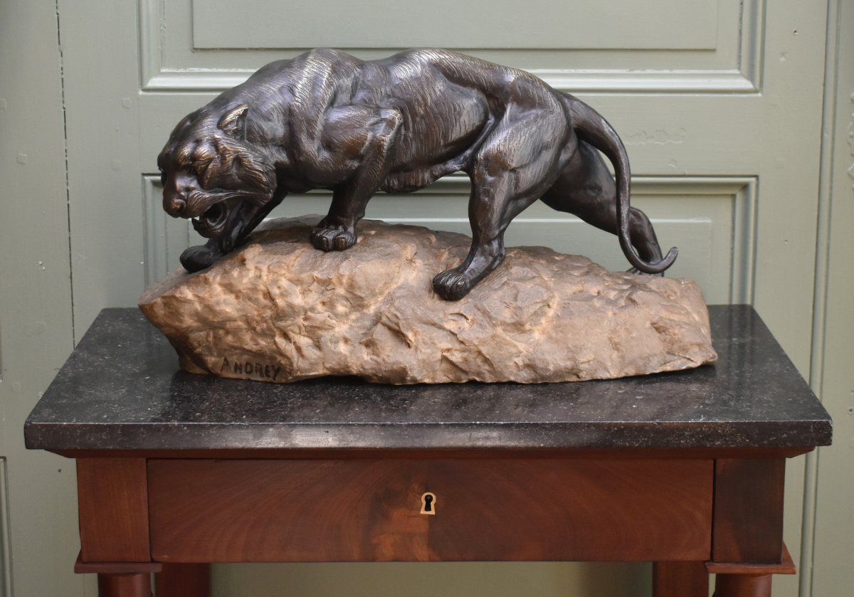 James Andrey (19th–20th Centuries) *roaring Lioness On A Rock*, Bronze Animal Sculpture 