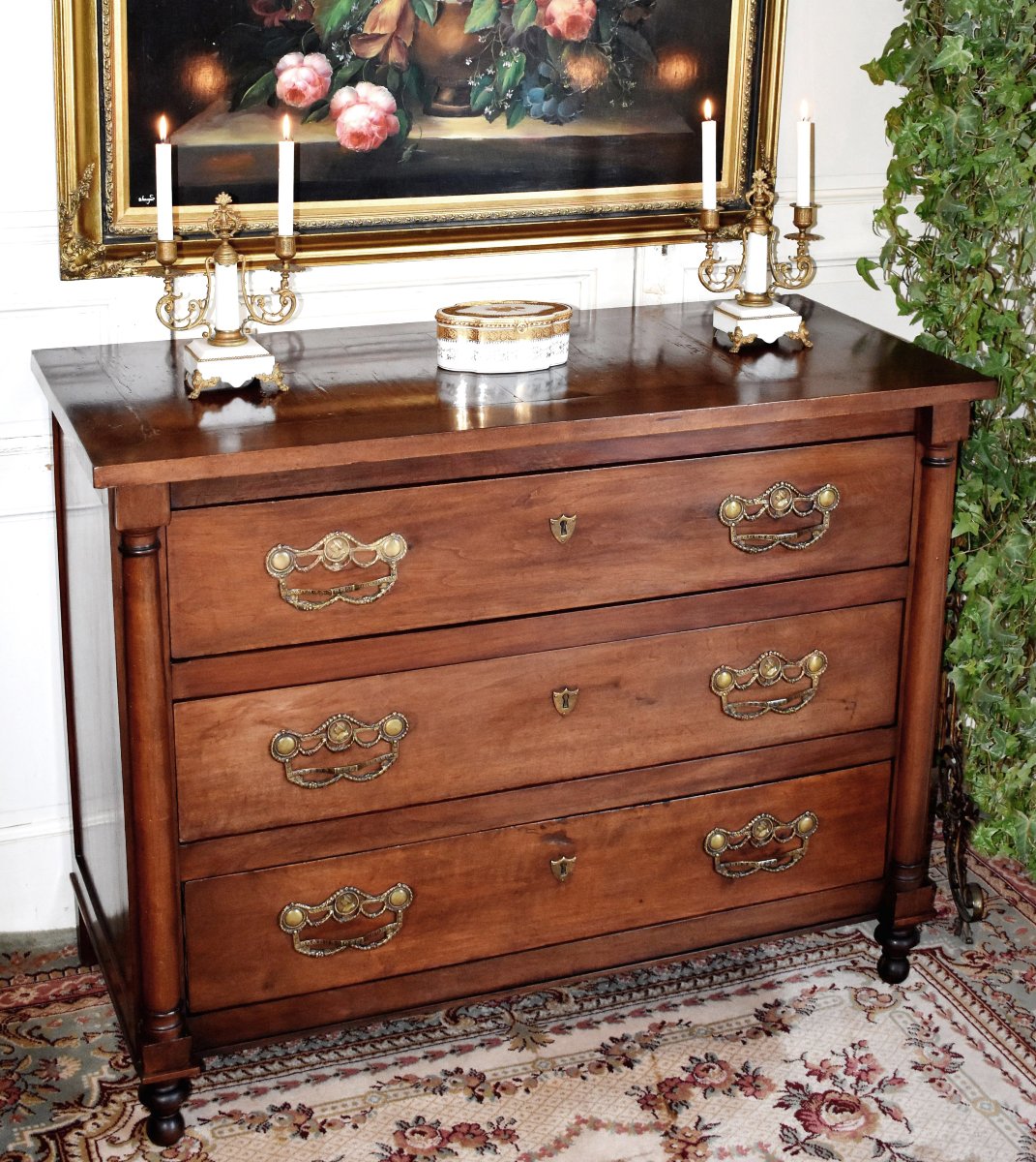 Chest Of Drawers With Half-columns, Solid Walnut, Wooden Top, 19th Century, Two Half-columns, 19th Century-photo-2