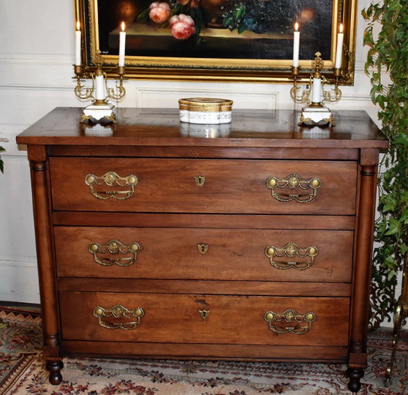 Chest Of Drawers With Half-columns, Solid Walnut, Wooden Top, 19th Century, Two Half-columns, 19th Century-photo-3