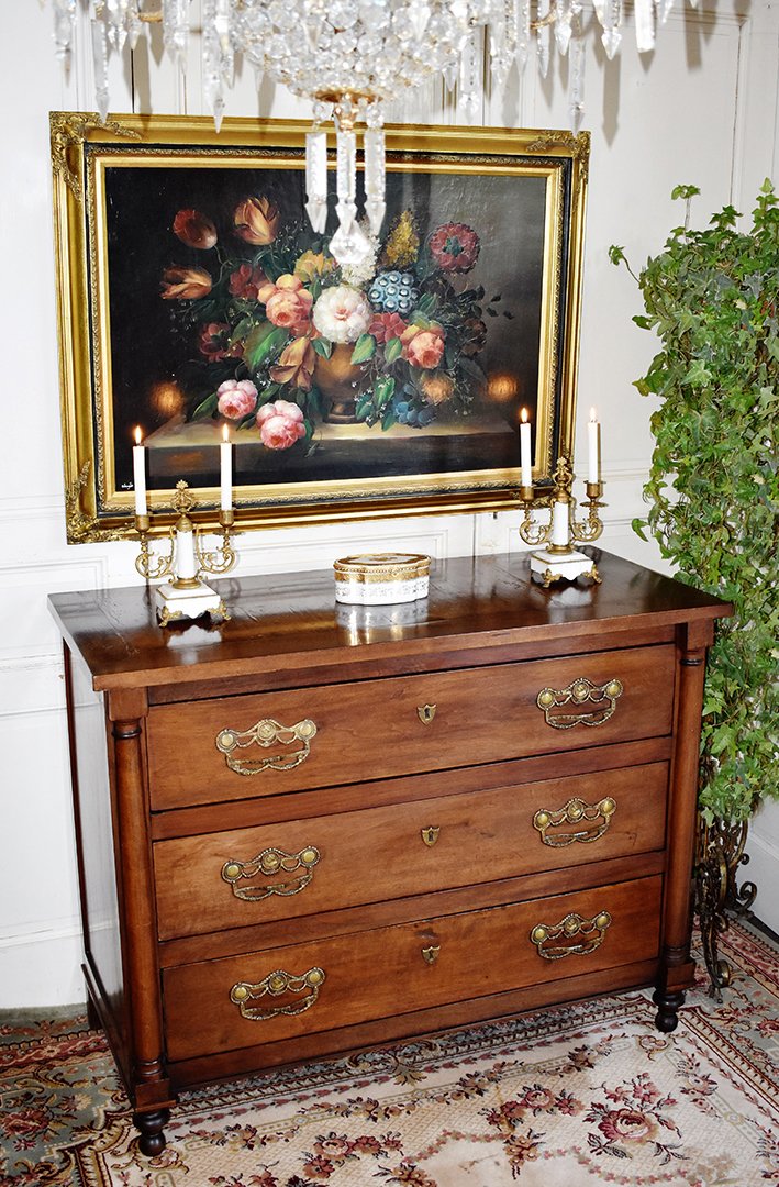 Chest Of Drawers With Half-columns, Solid Walnut, Wooden Top, 19th Century, Two Half-columns, 19th Century