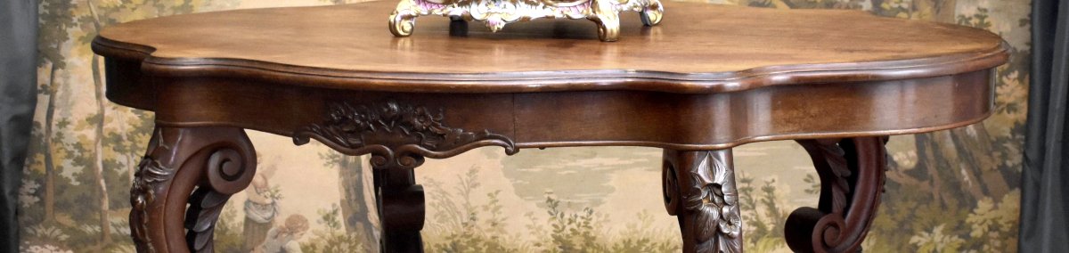 Guéridon  ovale en acajou, 4 pieds galbés,  table de salon ou de milieu , XIXe -photo-1