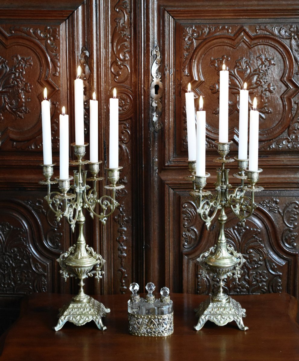 Pair Of Large Renaissance-style Bronze Candelabras, 5-arm Candlesticks, 19th Century-photo-2