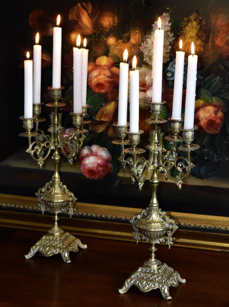 Pair Of Large Renaissance-style Bronze Candelabras, 5-arm Candlesticks, 19th Century-photo-3