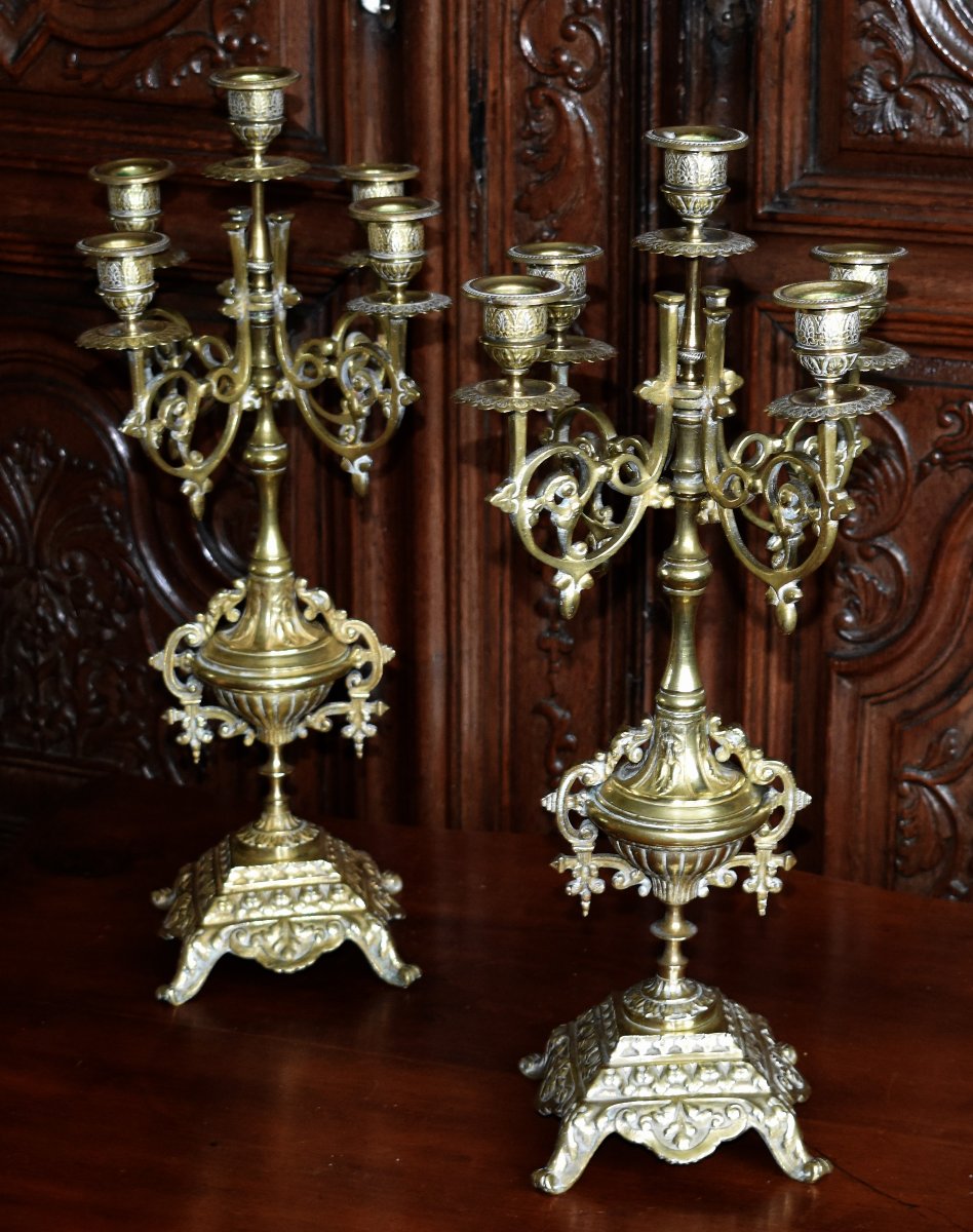 Pair Of Large Renaissance-style Bronze Candelabras, 5-arm Candlesticks, 19th Century-photo-4