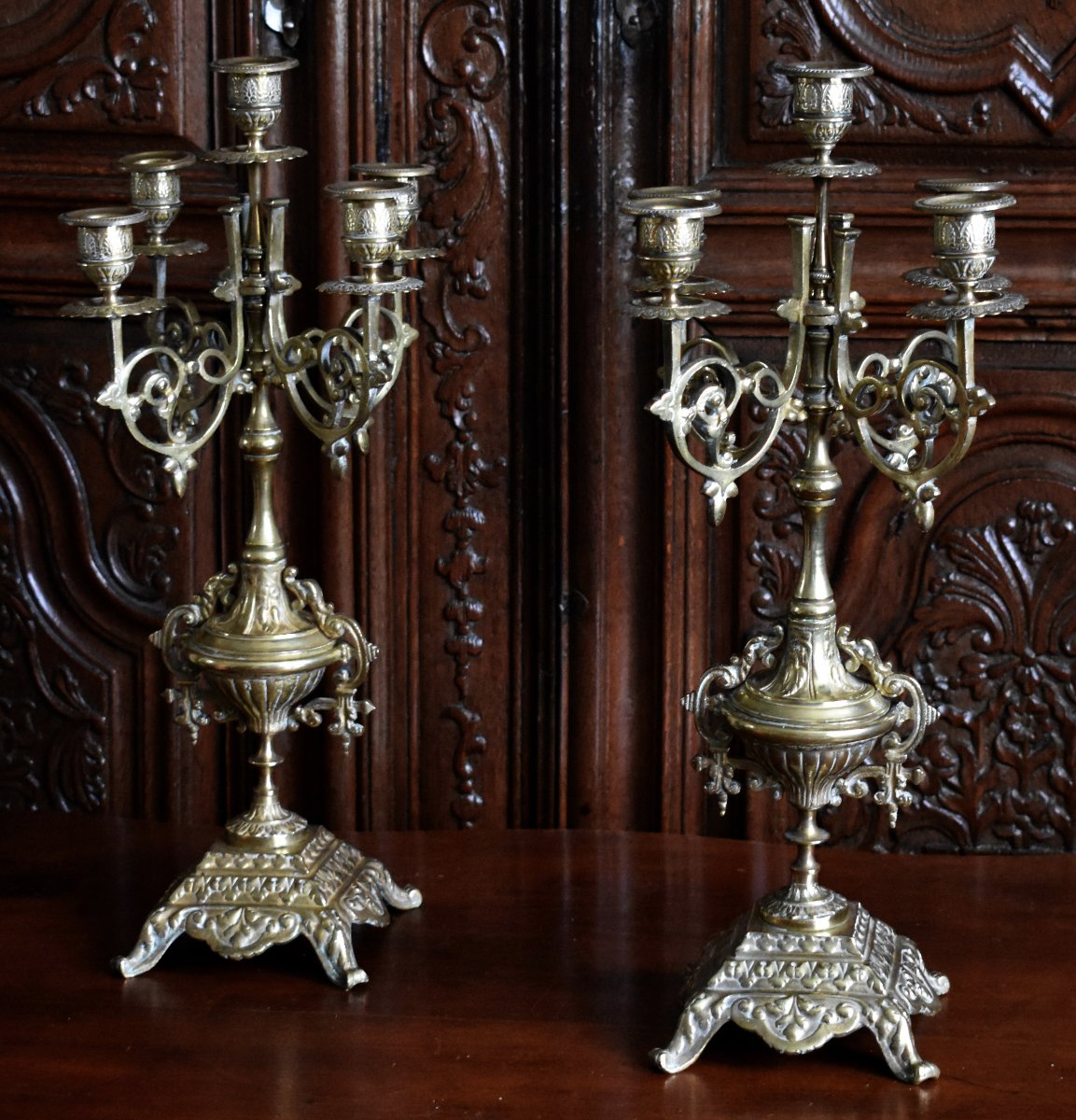 Pair Of Large Renaissance-style Bronze Candelabras, 5-arm Candlesticks, 19th Century-photo-1