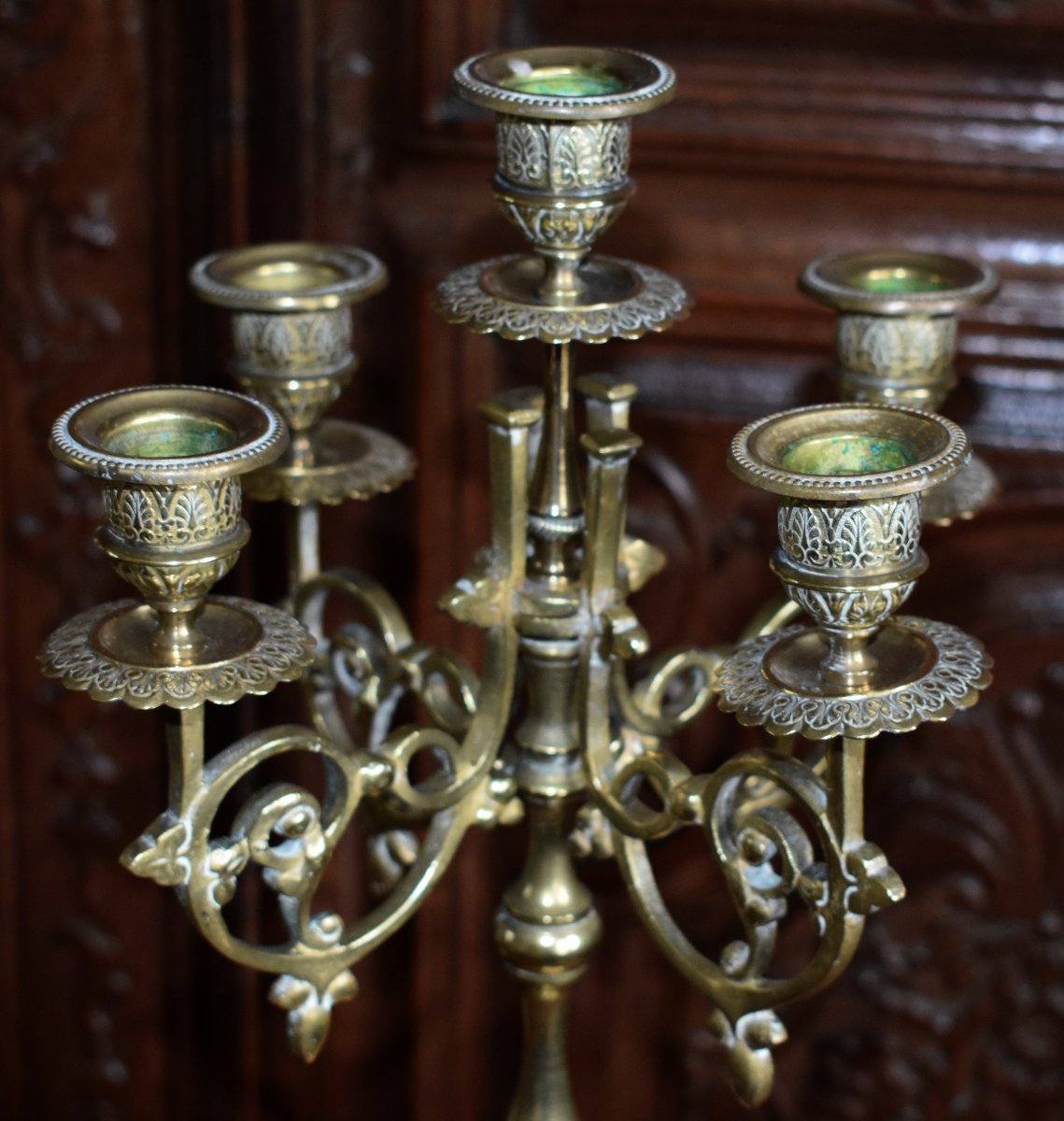 Pair Of Large Renaissance-style Bronze Candelabras, 5-arm Candlesticks, 19th Century-photo-3