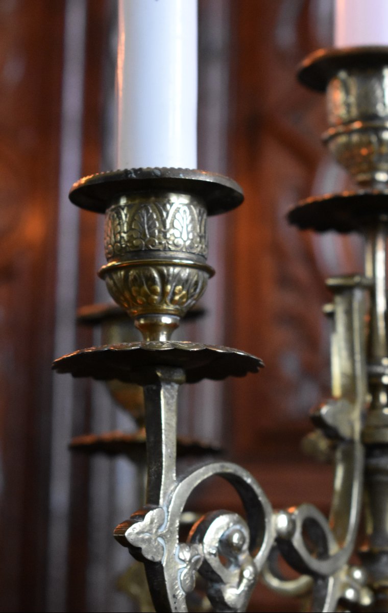 Pair Of Large Renaissance-style Bronze Candelabras, 5-arm Candlesticks, 19th Century-photo-4