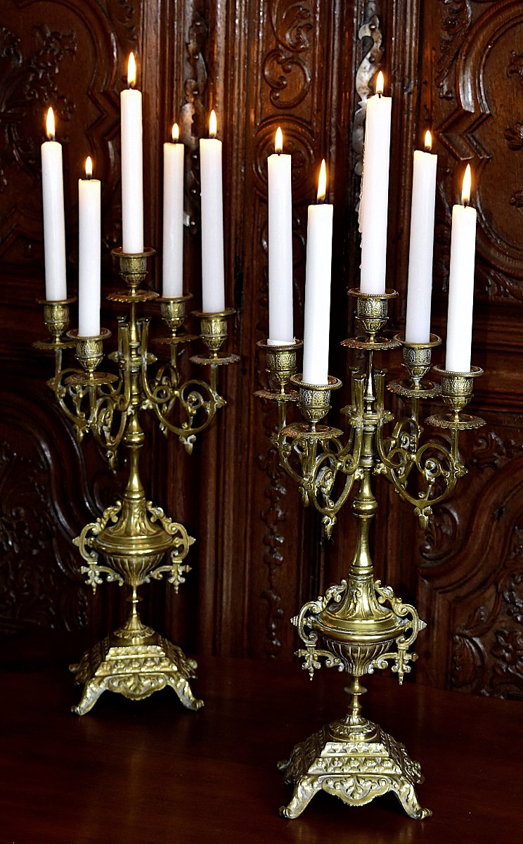 Pair Of Large Renaissance-style Bronze Candelabras, 5-arm Candlesticks, 19th Century
