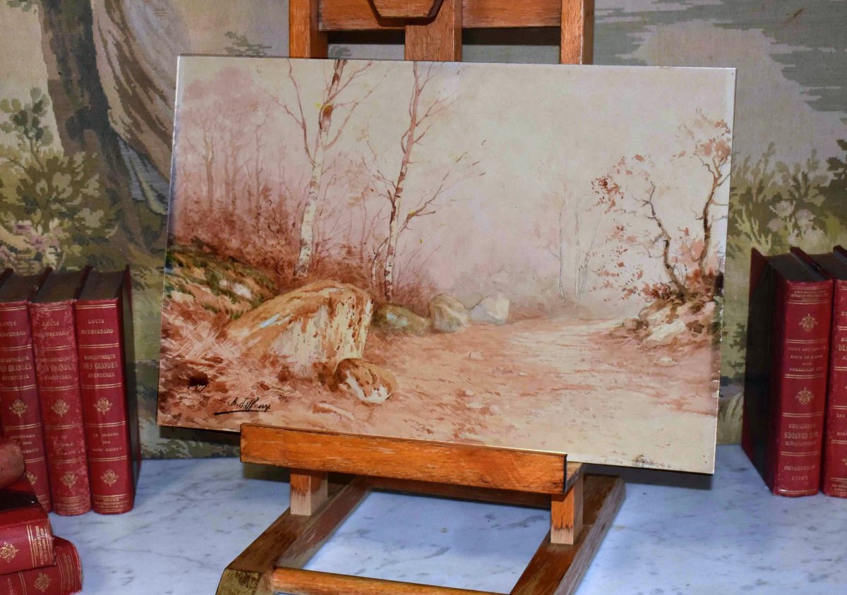 Jean Baptiste Jaffeux ( 1906-1982), école De Murol , Paire d'Aquarelles , paysage d'un  Sous Bo-photo-2