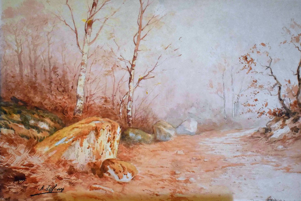 Jean Baptiste Jaffeux ( 1906-1982), école De Murol , Paire d'Aquarelles , paysage d'un  Sous Bo-photo-4